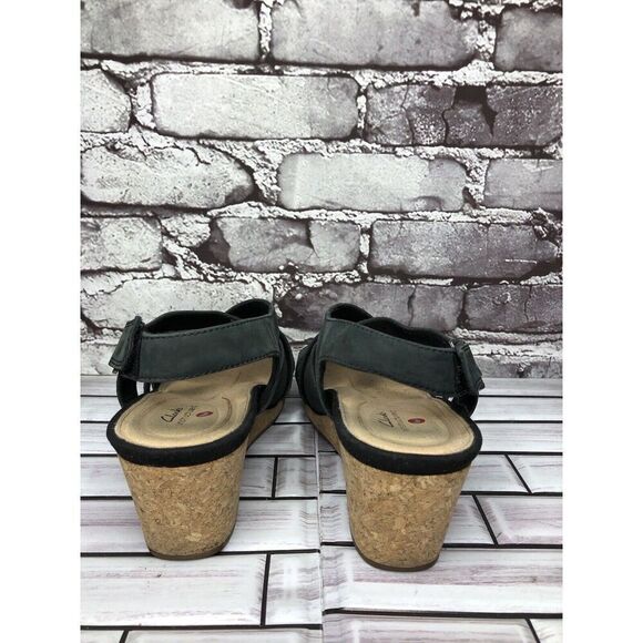 Clarks Unstructured Black Leather Criss Cross Strap Cork Wedge Sandals Women 7M - Picture 3 of 16